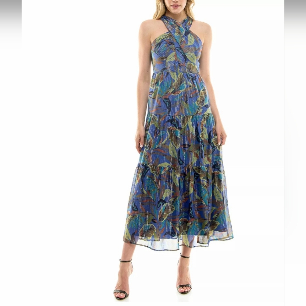 Nicole Miller Criss Cross Halter Blue Green Maxi Midi Dress Size 4 New W/Pockets